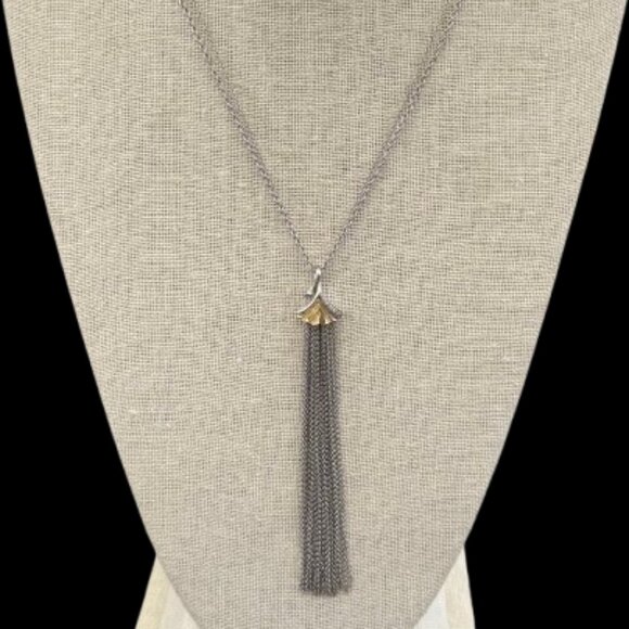 Michael Aram Silver, Gold & Diamond Ginkgo Tassel Necklace w/ pouch - Picture 2 of 7